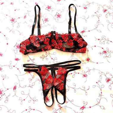 B309 - Bikini Bra Set Hitam Transparan Bordir Bunga Merah Bra Kawat