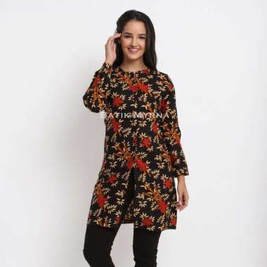 BATIK MYRNA - Tunic Atasan Dress Batik Wanita Perempuan Motif Bambu Merah XXL
