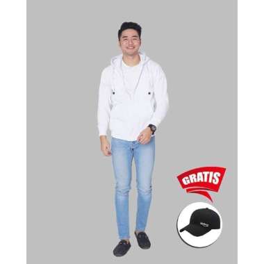 Vallenca Jaket Zipper Pria Polos Warna Putih Gratis Topi Keren  S