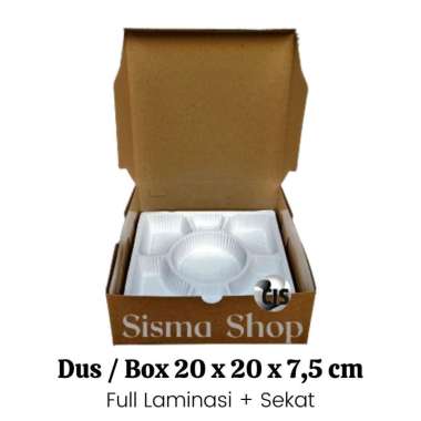 Dus / Box Kotak Nasi Ukuran 20 X 20 X 7,5 Cm + Mika Sekat Alas Nasi (Paket 25 pcs)