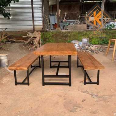 set meja makan vintage cafe kayu jati kaki besi