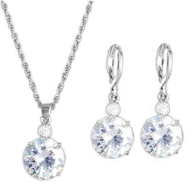 Bluelans Jewelry Set Round Rhinestone Pendant Necklace Bridal Leaverback Earrings - Silver