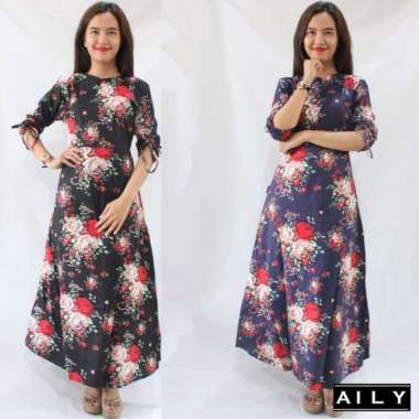 Aily GR912 Katun Strecth Motif Rose Gamis Wanita Semua Ukuran Hitam