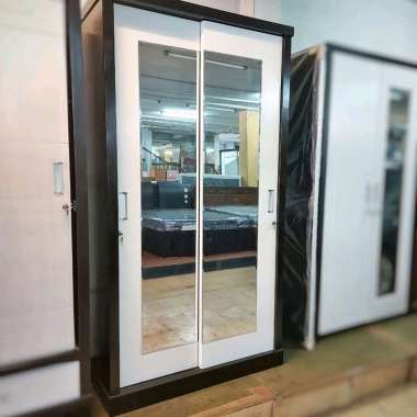 Lemari Pakaian 2 Pintu Sliding / Geser Full Kaca Cermin - Lemari Baju - Wardrobe Putih