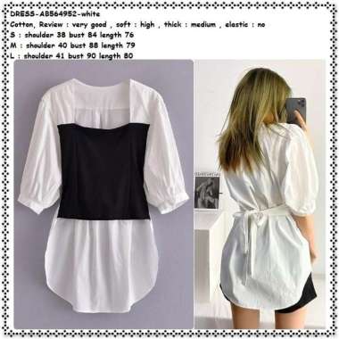 AB564952 Casual Mini Dress Hitam Putih Polos Pita Wanita Korea Import
