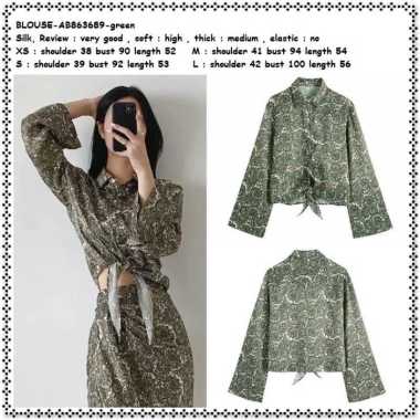 AB863689 Kemeja Retro Blouse Ikat Wanita Korea Import Green Hijau