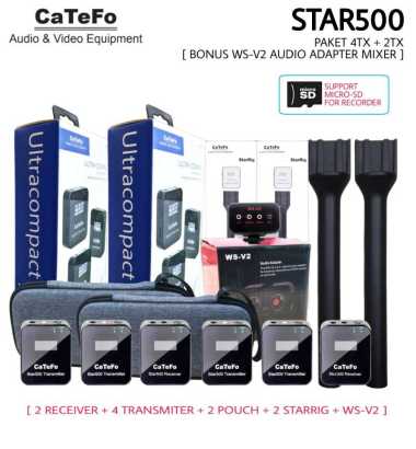 Gudang Digital Catefo Star500 Wireless Mic Paket 4 Transmitter + Dual-Chanel Mixer Hitam