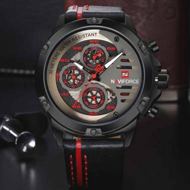 Naviforce Chronograph Leather Strap Jam Tangan Pria [NF9110M HRZ26D48/ Original] HITAM MERAH