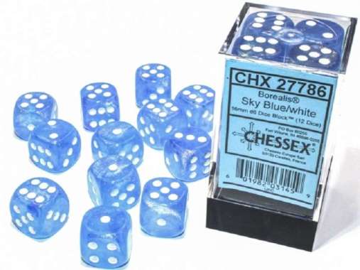 Chessex Borealis Luminary Sky Blue/White Set 16mm D6 12 Dice CHX 27786