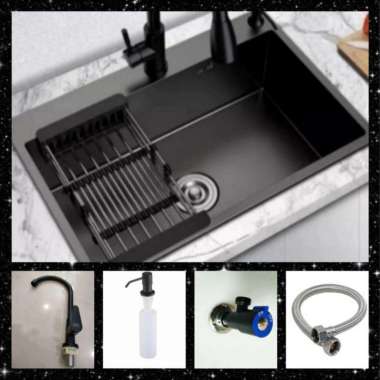 KITCHEN SINK BAK CUCI PIRING 1 LUBANG 5040 HITAM STAINLESS STELL KRAN PIPA MEJA