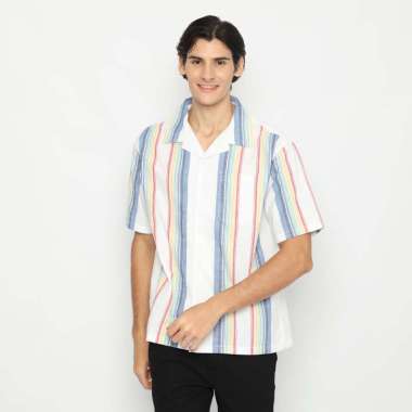 RBJ Kemeja Salur Linen Krah Hawaii Putih Biru Regular Fit Pria Putih Biru XL