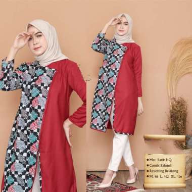 SNOEBEL DAUN JTR ATASAN TUNIK BATIK KOMBINASI POLOS MODERN M RED