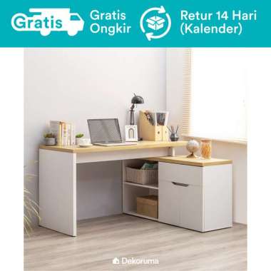 Dekoruma Sano Meja Belajar Sudut | Meja Kerja Minimalis Putih L dengan Lemari Kabinet dan Rak Sudut