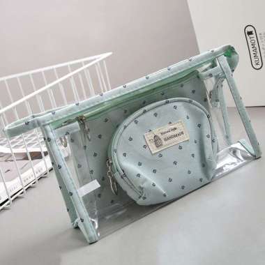 NATURAL STYLE - Korean 3in1 beauty pouch - tas cosmetic - tas toiletries LIGHT BLUE