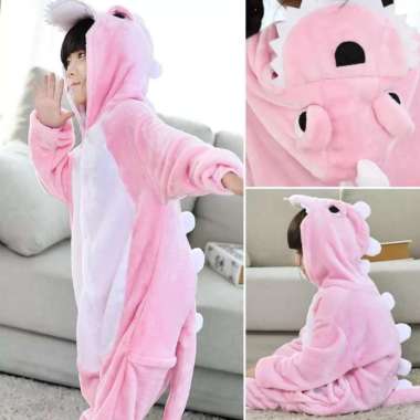 KOSTUM ONESIE BAJU DINO DINOSAURUS PINK PIYAMA COSPLAY ANAK KIGURUMI L Pink Muda