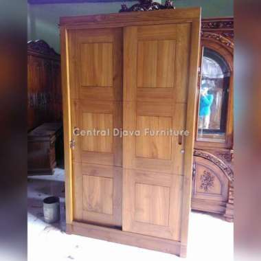 Lemari Pakaian Sliding 2 Pintu Minimalis Almari Kayu Jati Jepara -- Coklat