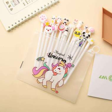 OEM SK-A15 Pulpen Gel Karakter Lucu Set Isi 20PCS Pena FREE Zipper Pouch Tempat Pensil Transparan Mu