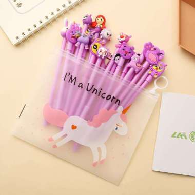 OEM SK-A15 Pulpen Gel Karakter Lucu Set Isi 20PCS Pena FREE Zipper Pouch Tempat Pensil Transparan Mu