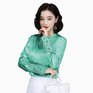 Blouse Lengan panjang Wanita Gaya Korea variasi bordir Model Terbaru - Jfashion Niceta M Hijau