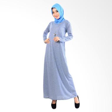 Jfashion Corak Salur Maxi Gamis Tangan Panjang - Biru tua