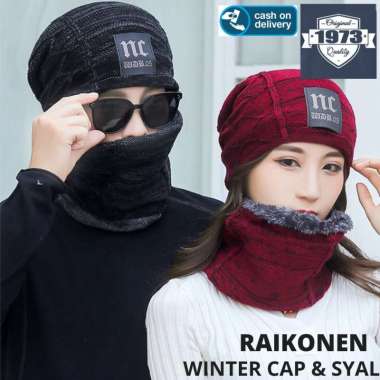 TOPI KUPLUK + SYAL : RAIKONEN - beanie topi musim dingin winter caps topi pria One Size BLACK