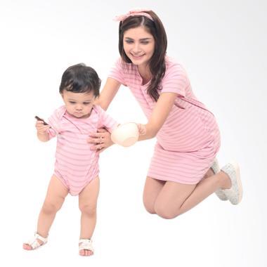 Mooimom Comfort Stripe Nursing T-Shirts Dress Set Baju Couple Ibu Hamil Menyusui & Anak - Pink