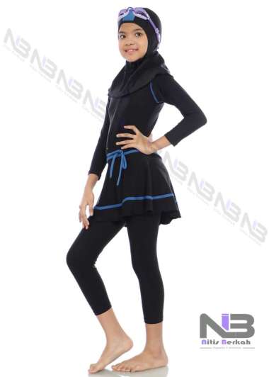 NIBER Baju Renang Muslim Anak Perempuan Tk Polos Kombinasi Lis Warna M LIS BIRU