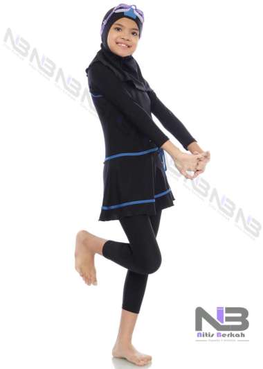 NIBER Baju Renang Muslim Anak Perempuan Tk Polos Kombinasi Lis Warna XXL LIS BIRU