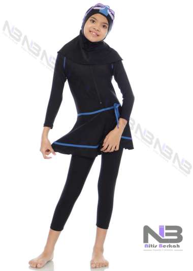 NIBER Baju Renang Muslim Anak Perempuan Tk Polos Kombinasi Lis Warna XL LIS BIRU