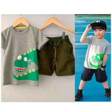 Setelan Anak Cowok Motif Abu Dino Size 1-3 tahun - Setelan Anak Laki Laki - Setelan Kaos Anak 2 tahu