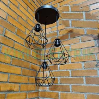 Kap Lampu Gantung Besi Diamond 1 Fitting E27 + Base Bulat 3 in 1 / Kap Lampu Hias Ruangan