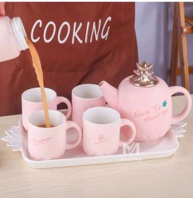Teko Set Cangkir Mug Set Nanas Pastel 4 Gelas + Teko Buah + Tatakan PINK
