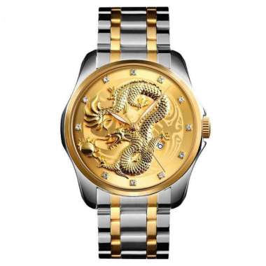 Jam Tangan Analog Pria Motif 3D Dragon Naga Stainless Steel Waterproof Silver Gold