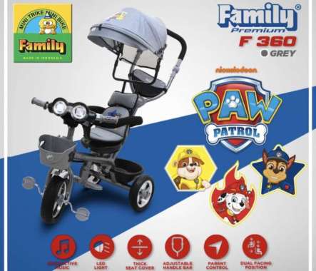 SEPEDA RODA TIGA FAMILY PREMIUM F360 GREY PAW PATROL