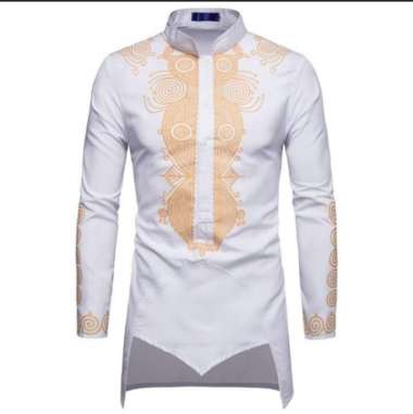 Baju Atasan Pakaian Muslim Pria Koko Irfan Sablon Emas Digital Fashion Lengan Panjang Putih M-L