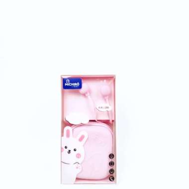 Michiro Headset Bentuk Kelinci Lucu Lengkap Dengan Tempat Bunny Earphone With Cute Pouch Pink