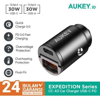 Charger Mobil Aukey CC-A3 2 Port USB-C & USB A With PD & QC - 500787