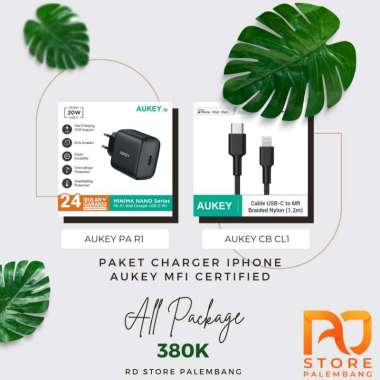 Paket Charger Iphone PD 20 Watt MFI Adaptor Aukey PA R1 + Aukey CB CL1