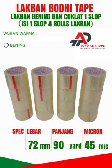 LAKBAN BENING BODHI TAPE 72MM X 90YARD 1 SLOP 4 ROLL HARGA TERMURAH Bening