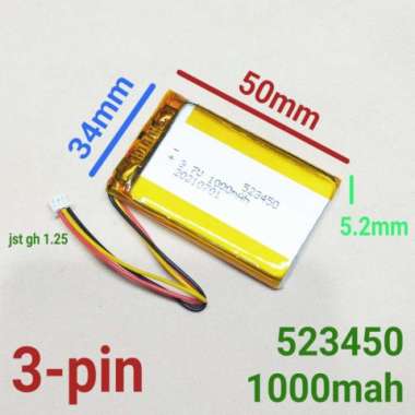 Baterai 523450 Li Ion 3 Kabel 3.7v 1000mAh Rechargeable