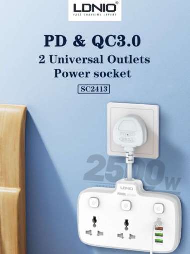 LDNIO SC2413 - Colokan Listrik 2 Lubang dengan USB-A dan USB-C PD 20W