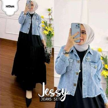 Setelan rompi dan gamis muslim set Jessy washed jeans outer jeans setelan baju Muslimah overall musl