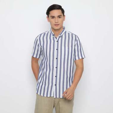 Platini Kemeja Garis Pria Lengan Pendek Katun Yarndyed 73323 Biru M