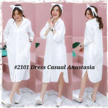 Dress wanita Korea casual style/ Midi Dress/Dress polos wanita Putih