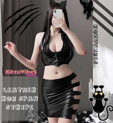 Kozuvibes Cosplay Sexy Seragam Kulit Latex PVC Rok Span Jumbo Strip