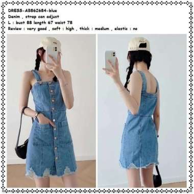 AB862684 Overall Mini Dress Denim Jeans Wanita Korea Import Biru Blue