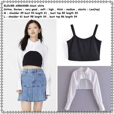 AB863085 Kemeja Crop Tank Top Wanita Blouse Korea Import Hitam Putih