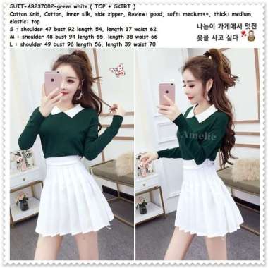 Setelan Baju Wanita Rok Mini Plisket Putih Korea Import AB237002