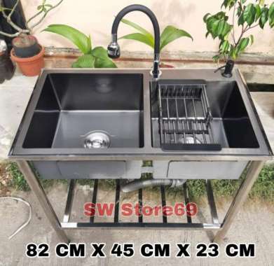 Bak Cuci Piring 2 Lubang Hitam Kitchen Sink Stainless Black Wastafel Sink + kaki