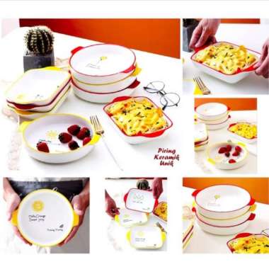 Piring Keramik Unik Ada Pegangan Kiri Kanan Oven Microwave Grill